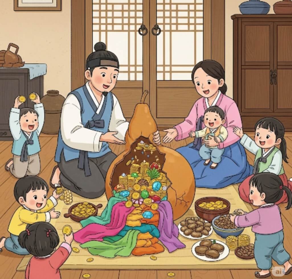 다리가 부러진 제비가 물어다 준 커다란 박 속에는 금은보화가 가득 들어있다