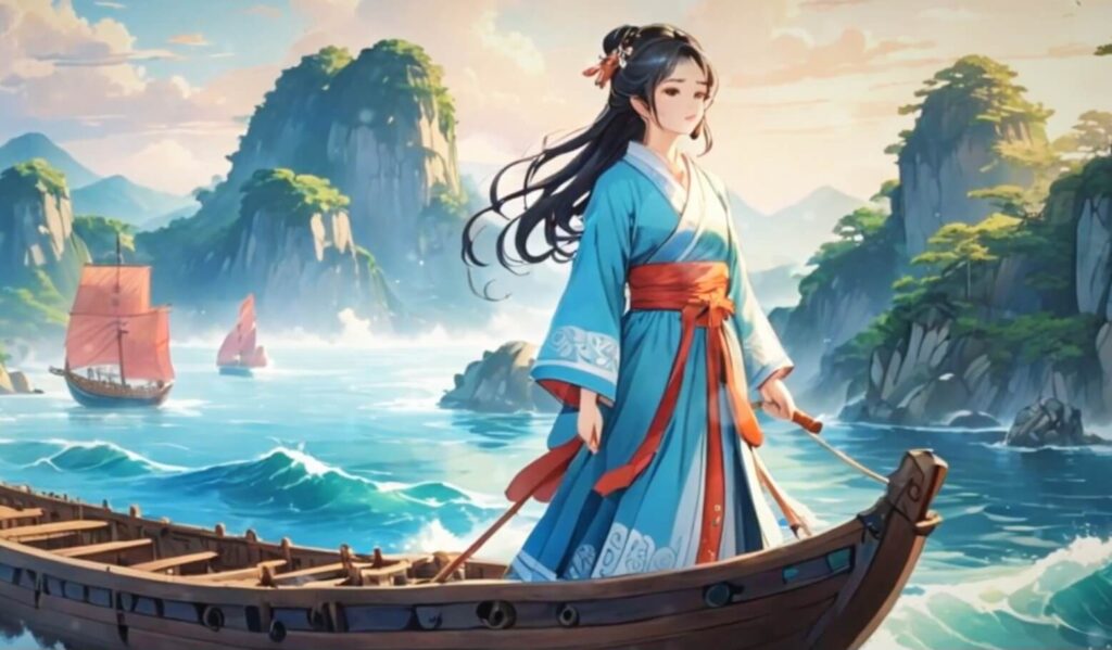 부처님께 심봉사의 눈을 뜨게 해달라고 기도하며 배에서 뛰어내리기 직전의 모습
