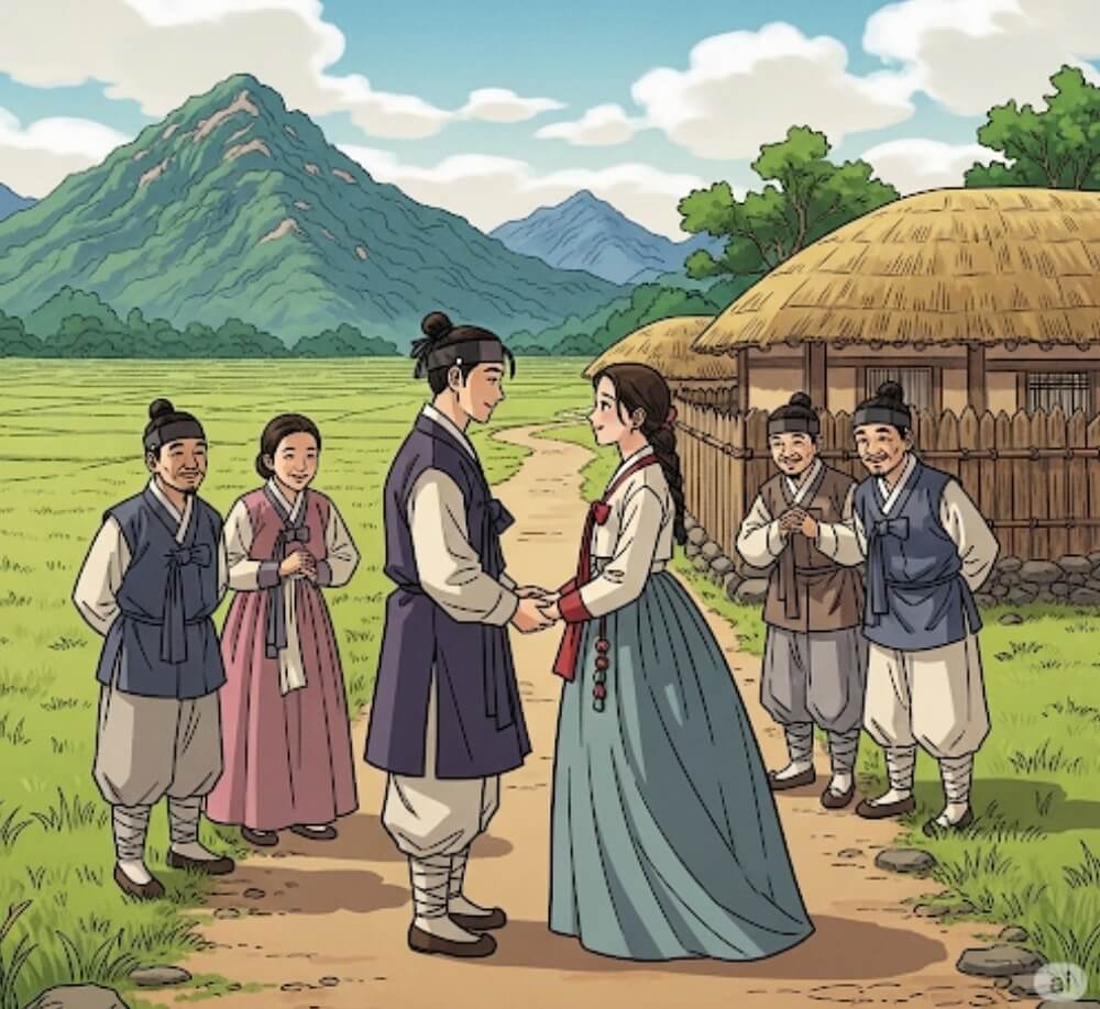 견우와 직녀가 서로 손을 맞잡고 있다