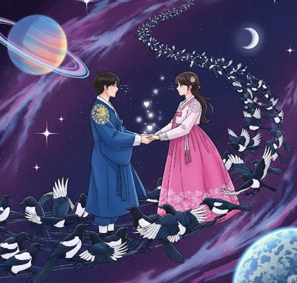 까마귀와 까치가 다리를 놓아서 두 사람을 이어주고 있다.