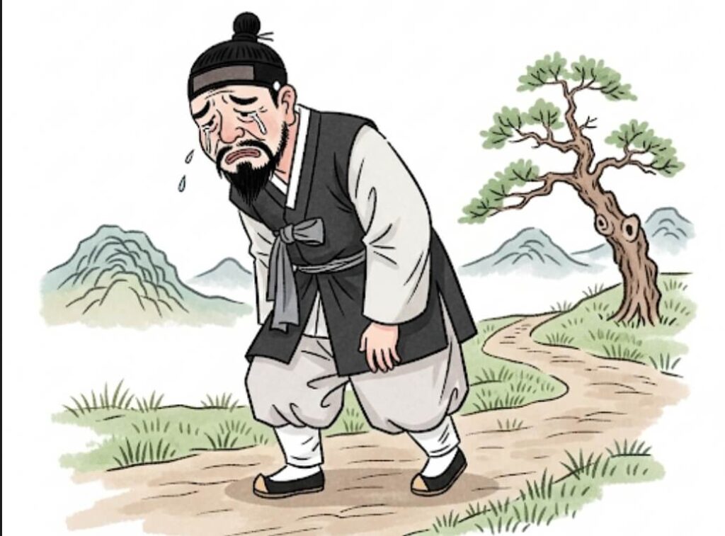 자신의 죄를 뉘우치고 어디론가 가고 있다.