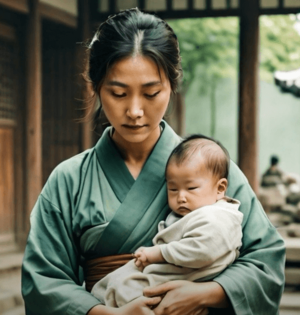 자신의 아이를 안고 와서 임금님을 위해 아이를 바치겠다고 하는 여인