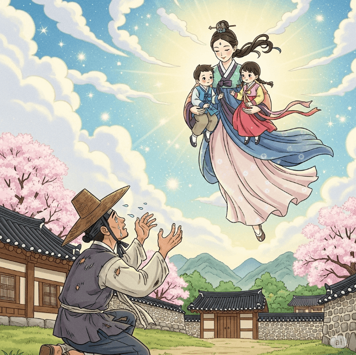 선녀와 나무꾼은 서로 울면서 작별을 한다. 